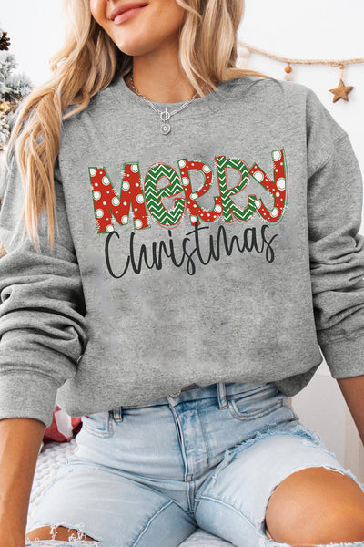 women's mixed-pattern 'merry christmas' gray drop shoulder sweatshirt made for easy styling and wardrobe coordination, with premium-like structure and