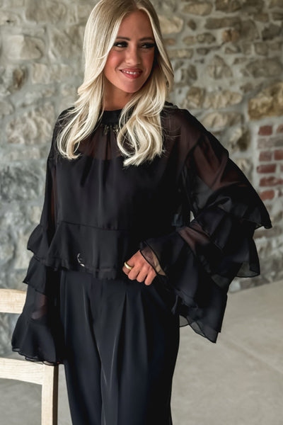 Stylish Women's Black Cropped Blouse with Ruffled Trim and Bell Sleeves for Effortless Casual Looks