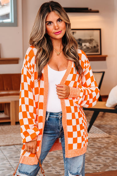 Cozy Women's Orange Checkered Cardigan - Stylish Knit Layer for Effortless Casual Looks and Comfortable Layering