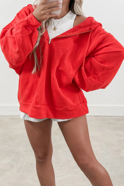 Women's Fiery Red Casual Hoodie with Half Zip and Knot Drawstring - Stylish Loose Fit for Everyday Comfort