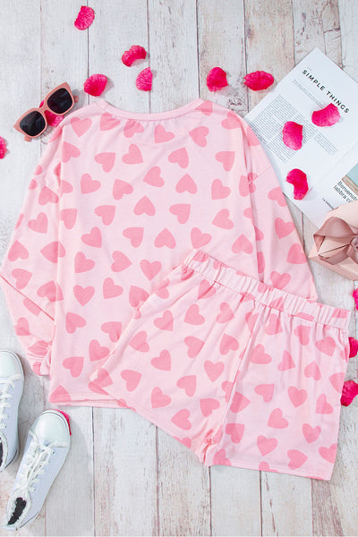 Cozy Women's Pink Heart Print Long Sleeve Lounge Set - Perfect Valentine's Day Shorts Outfit for Relaxed Style