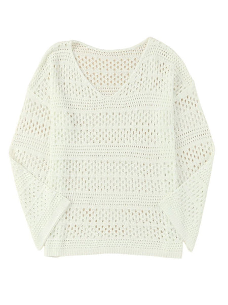Women's White Crochet V Neck Pullover Sweater with Hollow Out Detail