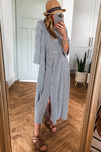 Women's Relaxed Fit Black Striped Maxi Dress with Side Pockets and Button-Up Closure for Effortless Chic Style