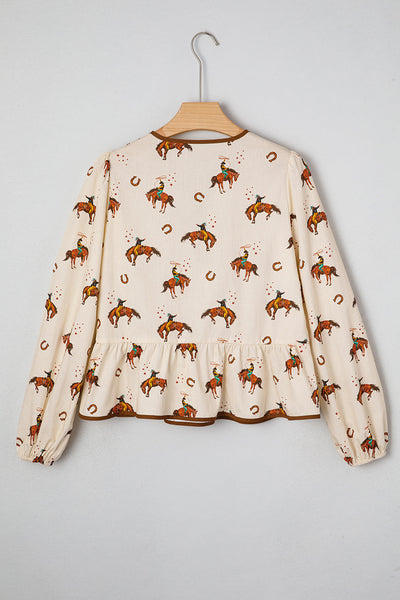 Trendy Women's Apricot Western Rodeo Print Peplum Top with Puff Sleeves and Tied Front Perfect for Casual Outings