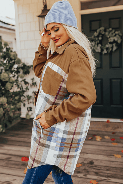 Chic Women's Khaki Plaid Long Sleeve Mini Dress - Casual Everyday Style with Trendy Patchwork Design