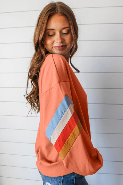 Colorful Women's Loose Fit Crew Neck Sweatshirt with Rainbow Striped Sleeves and Flamingo Design - Casual Style
