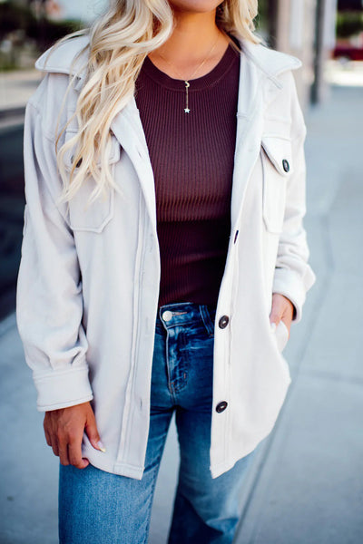 Women's White Fleece Shacket with Exposed Seams & Patchwork Design - Stylish Button-Down Layer for Cozy Chic Looks