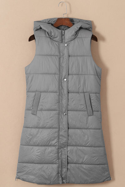 Women's Stylish Dark Grey Hooded Quilted Long Vest Coat - Cozy Winter Outerwear for Ultimate Warmth and Comfort