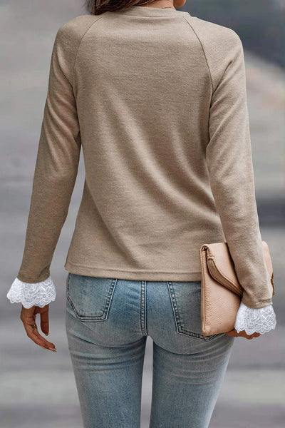 Women's Parchment Lace Contrast Cuffs Raglan Sleeve Top with Seam Detail - Stylish & Comfortable Fashion Essential