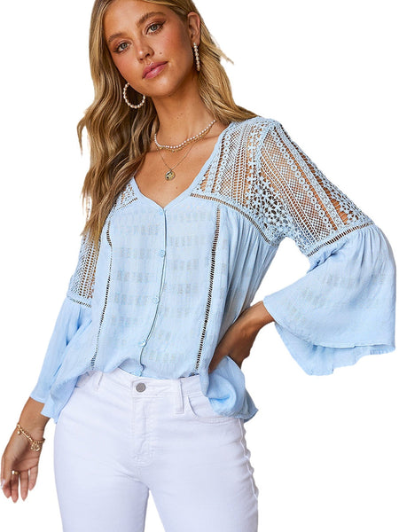 Whimsical Sky Blue Crochet Bell Sleeve Blouse