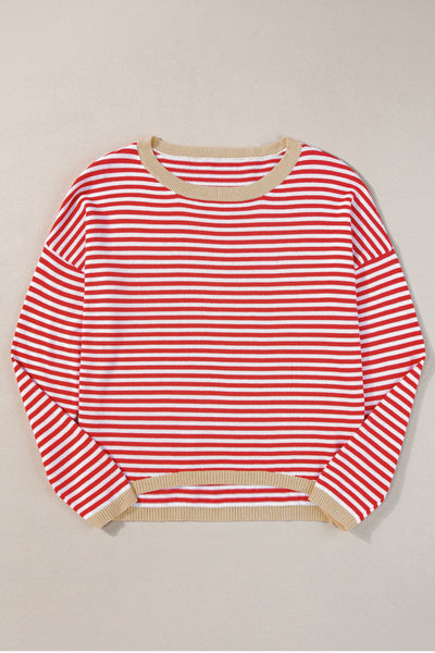 Trendy Women's Fiery Red Striped Drop Shoulder Sweater with Contrast Trim and Relaxed Fit for Effortless Style