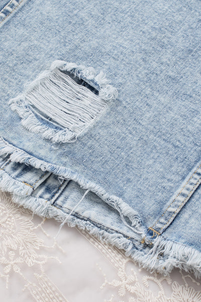 Women's Sky Blue Lapel Distressed Raw Hem Buttons Denim Jacket
