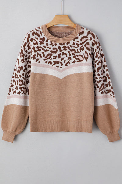 Women's Taupe Leopard Chevron Colorblock Knit Sweater