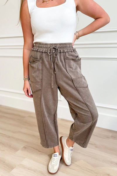 Women's Comfortable Dark Brown Loose Pants with Exposed Seams & Drawstring Waist - Stylish Mineral Wash Design