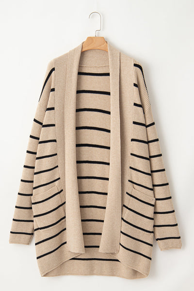 Chic Women's Black Stripe Open Cardigan with Shawl Neckline and Pockets - Cozy Layering Essential for Every Occasion
