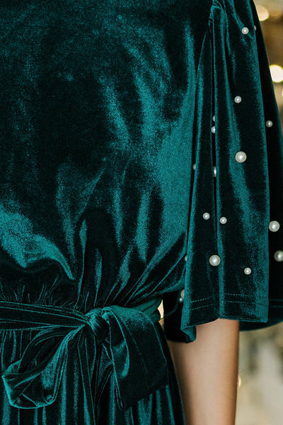 Chic Evergreen Green Velvet Mini Dress for Women with Pearl Beading, Half Sleeves, Mock Neck, and Flattering Belted Fit
