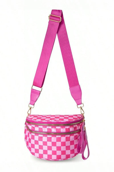 Women's Checkered Pink Crescent Crossbody Bag with Wide Adjustable Strap