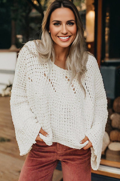 Women's White Cotton-Blend Wide Sleeve Crochet Pullover