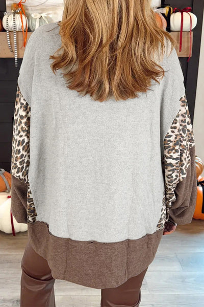 Women's Leopard Patchwork 'MERRY' Graphic Sweatshirt in Gray