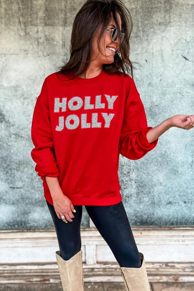 Cozy Women's Racing Red HOLLY JOLLY Christmas Sweatshirt - Festive Graphic Top for Holiday Cheer and Comfort