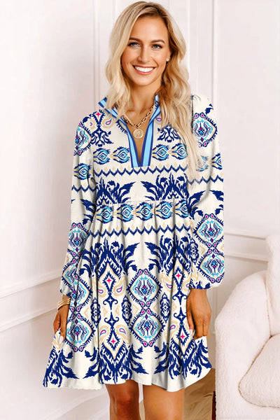 Women's Flowing Blue Ethnic Print Mini Dress with Split Neck and Long Sleeves for Effortless Boho Chic Style