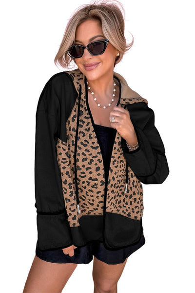 Women's Black Leopard Print Hooded Jacket with Contrast Piping - Stylish Open Front Outerwear for Casual Looks
