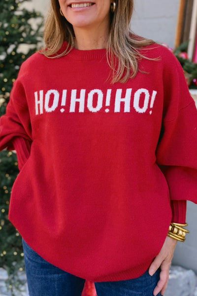Plus Size Women's Cozy Racing Red "Ho Ho Ho" Graphic Christmas Sweater Festive Holiday Style for Comfort and Cheer