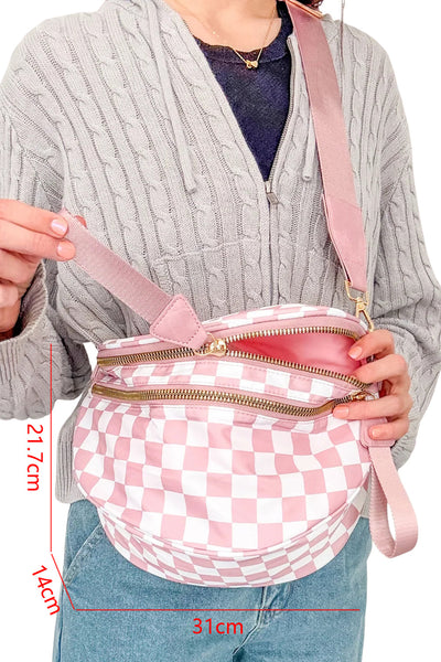 Women's Pink Checkered Waterproof Nylon Crossbody Sling Bag