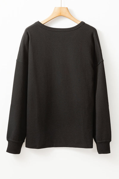 Stylish Women's Black Corded Drop Shoulder Long Sleeve Top - Cozy Everyday Essential for Effortless Chic Looks