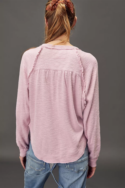 Chic Women's Pale Chestnut Frilled Long Sleeve Top with Raw Trim - Perfect for Casual Outings and Everyday Style