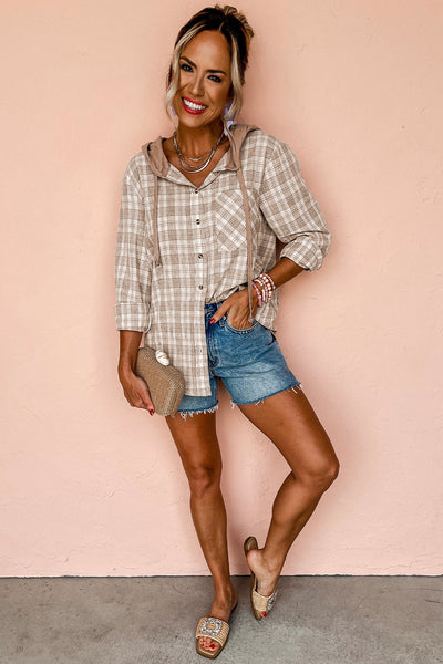 Stylish Women's Khaki Checkered Hooded Shacket - Casual Loose Fit Jacket for Trendy Fall Layering Outfits