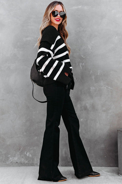 Women's Striped V-Neck Viscose Blend Slit Sleeve Sweater