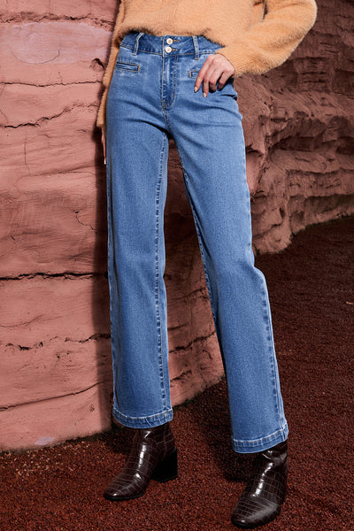 Women's Light Blue High Rise Straight Leg Jeans with Double Button