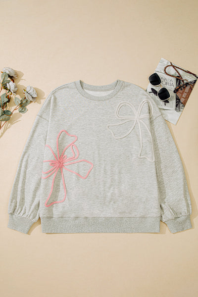 Plus Size Women's Light Grey Sweatshirt with Embroidery, Drop Shoulder Design, and Cozy Round Neck Fit