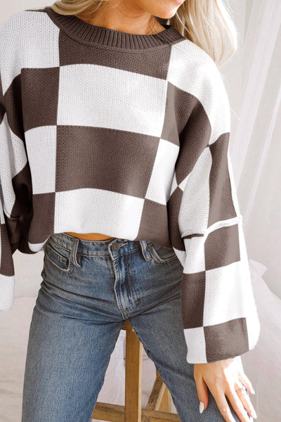 Chic Brown Checkered Sweater for Women - Cozy Knit Pullover with Relaxed Fit for Effortless Casual Style