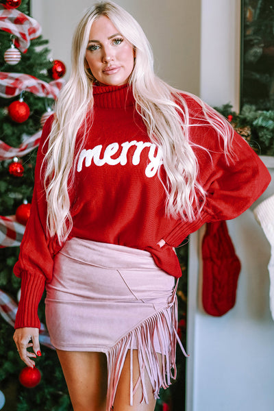 Cozy Fiery Red High Neck Sweater for Women - Merry Letter Embroidery for Chic Winter Style