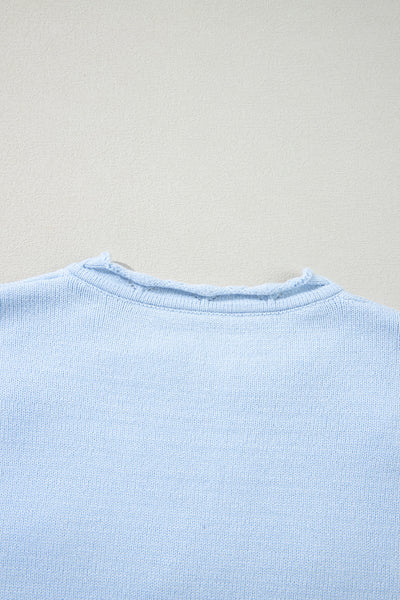 Women's Cozy Beau Blue Floral Knit Sweater with Notched Neck Stylish, Versatile Fashion for All Seasons