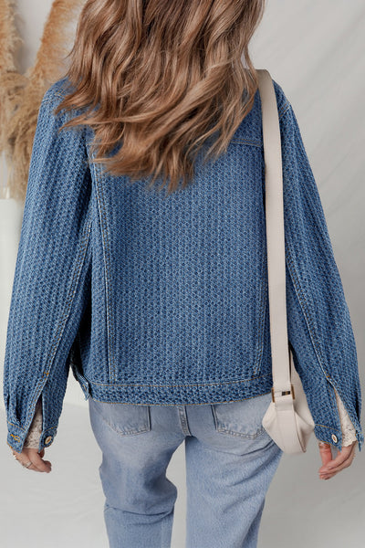 Women's Textured Basketweave Denim Jacket with Flap Pockets