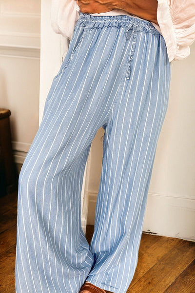 Chic Women's Sky Blue Striped Wide-Leg Chambray Trousers with Tied Elastic Waist for Effortless Comfort and Style