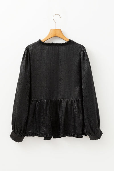 Trendy Women's Black Metallic Frilled V-Neck Babydoll Blouse with Puff Sleeves Chic Style for Every Occasion