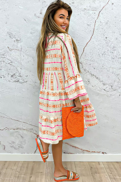 Bohemian Summer Orange Printed Ruffled Dress for Women with Bracelet Sleeves and Slit Neck - Relaxed Fit & Stylish