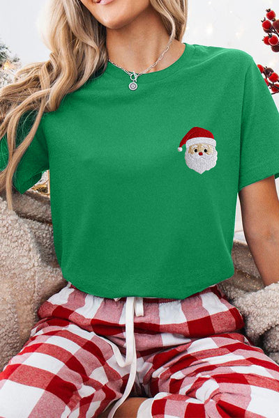 Women's Embroidered Santa Christmas Graphic Tee in Festive Green