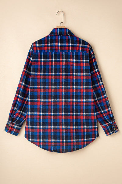 Women's Stylish Navy Blue Plaid Shacket with Flap Pockets - Trendy Button-Up Layering Essential for Fall Outfits