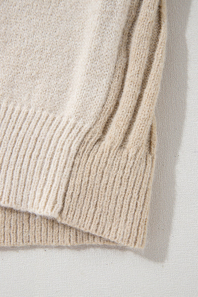 Women's Cozy Khaki Cable Knit Colorblock Sweater - Chic Drop Shoulder Crew Neck for Effortless Style and Comfort