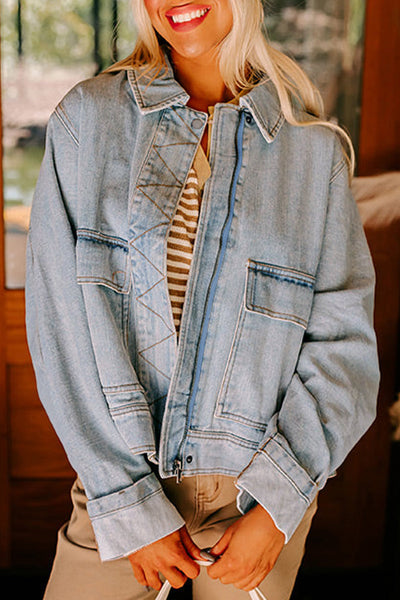 Trendy Distressed Blue Denim Jacket for Women - Classic Fit Outerwear for Chic Casual Outfits