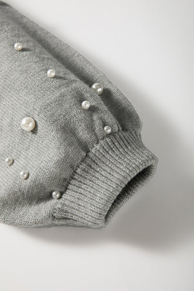 Light Grey Pearled Drop Shoulder Sweater for Women - Cozy Round Neck Knit Top for Chic Casual Style and Comfort