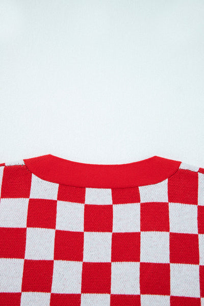 Cozy Women's Red Checkered V-Neck Cardigan Sweater for Festive Holiday Style and Comfort