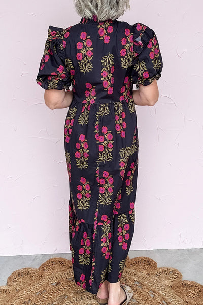 Beige Floral Tiered Maxi Dress for Women with Short Bubble Sleeves - Ideal for Spring and Summer Gatherings