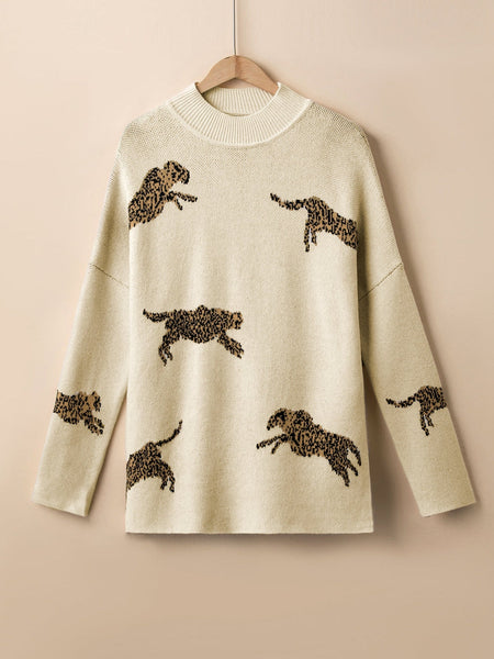 Vibrant Cheetah Print High Neck Split Hem Sweater