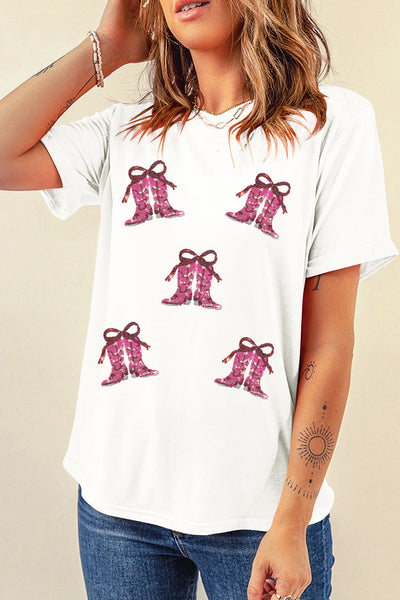 Women's Sequin Western Boot Graphic Tee in Cream